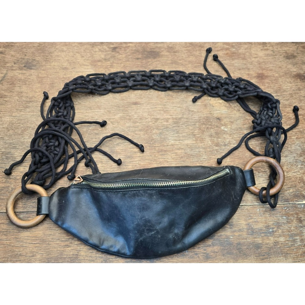 Black Leather Fanny Pack Macrame Belt Bag Wooden Ring Boho Festival Other Storie